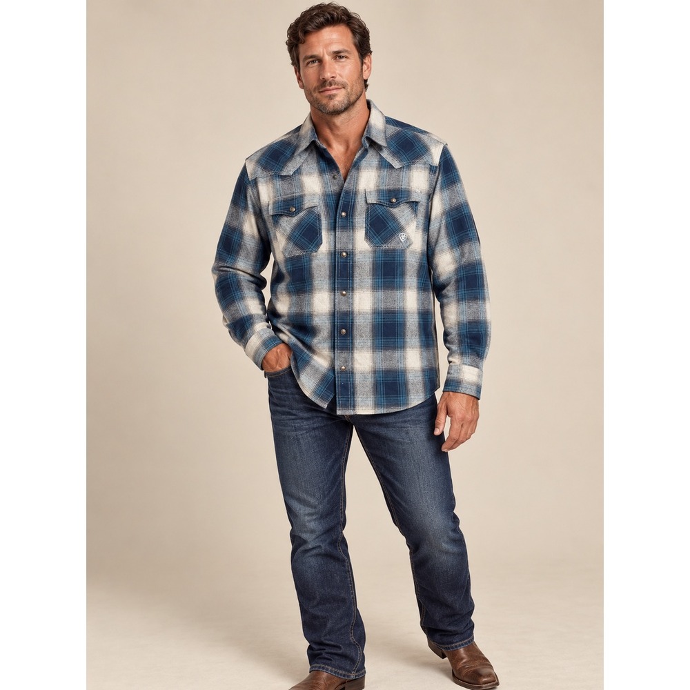 Ariat Mens Retro Fit Blue Plaid Flannel Western Snap Long Sleeve Shirt Large